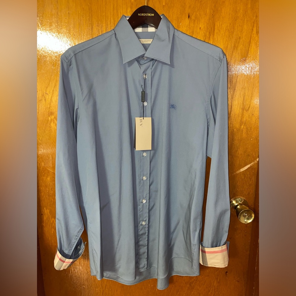 Burberry Men’s Casual Button Down in Aviator Grey with Check Cuff Size:L